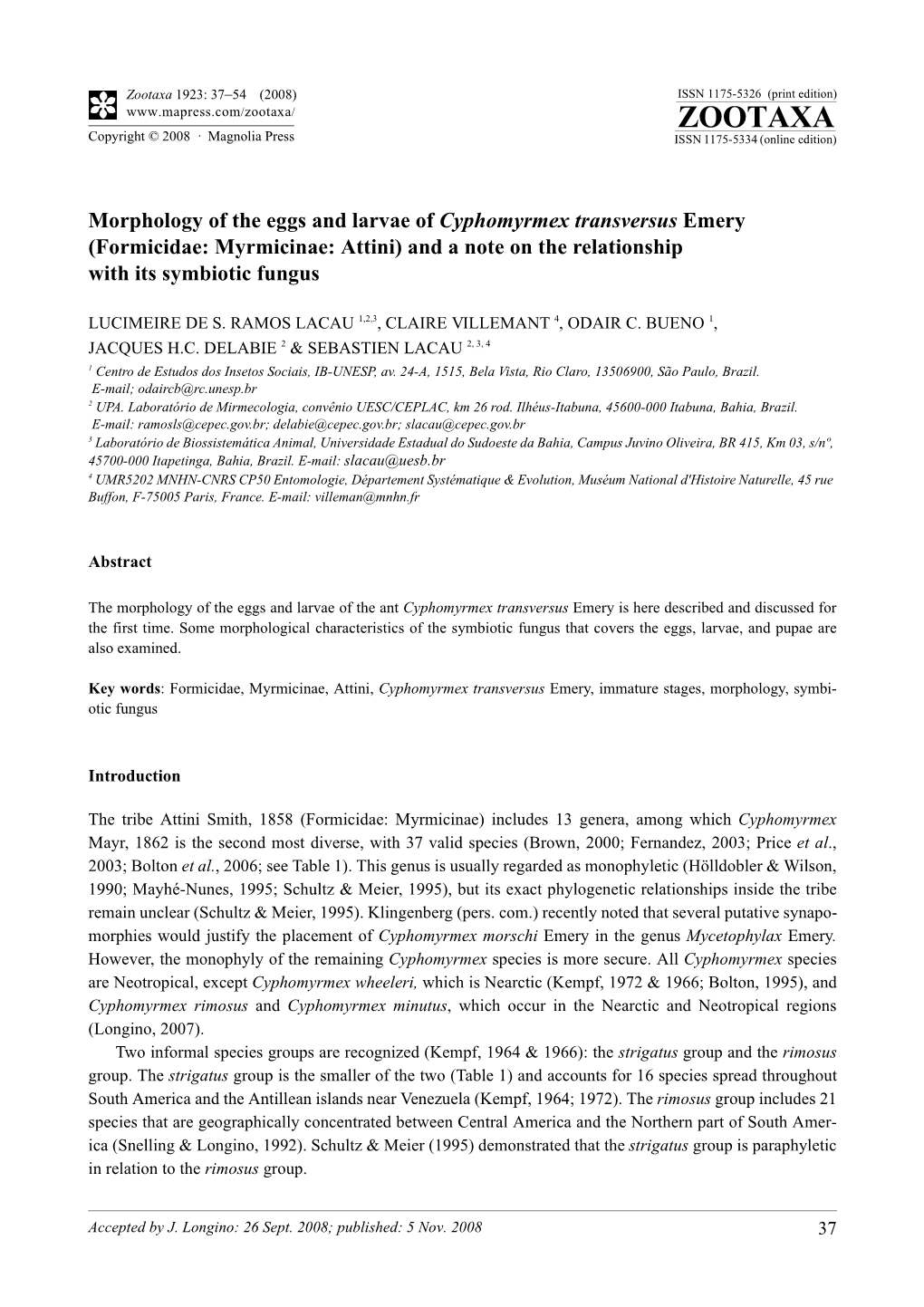 Zootaxa 1923: 37–54 (2008) ISSN 1175-5326 (Print Edition) ZOOTAXA Copyright © 2008 · Magnolia Press ISSN 1175-5334 (Online Edition)