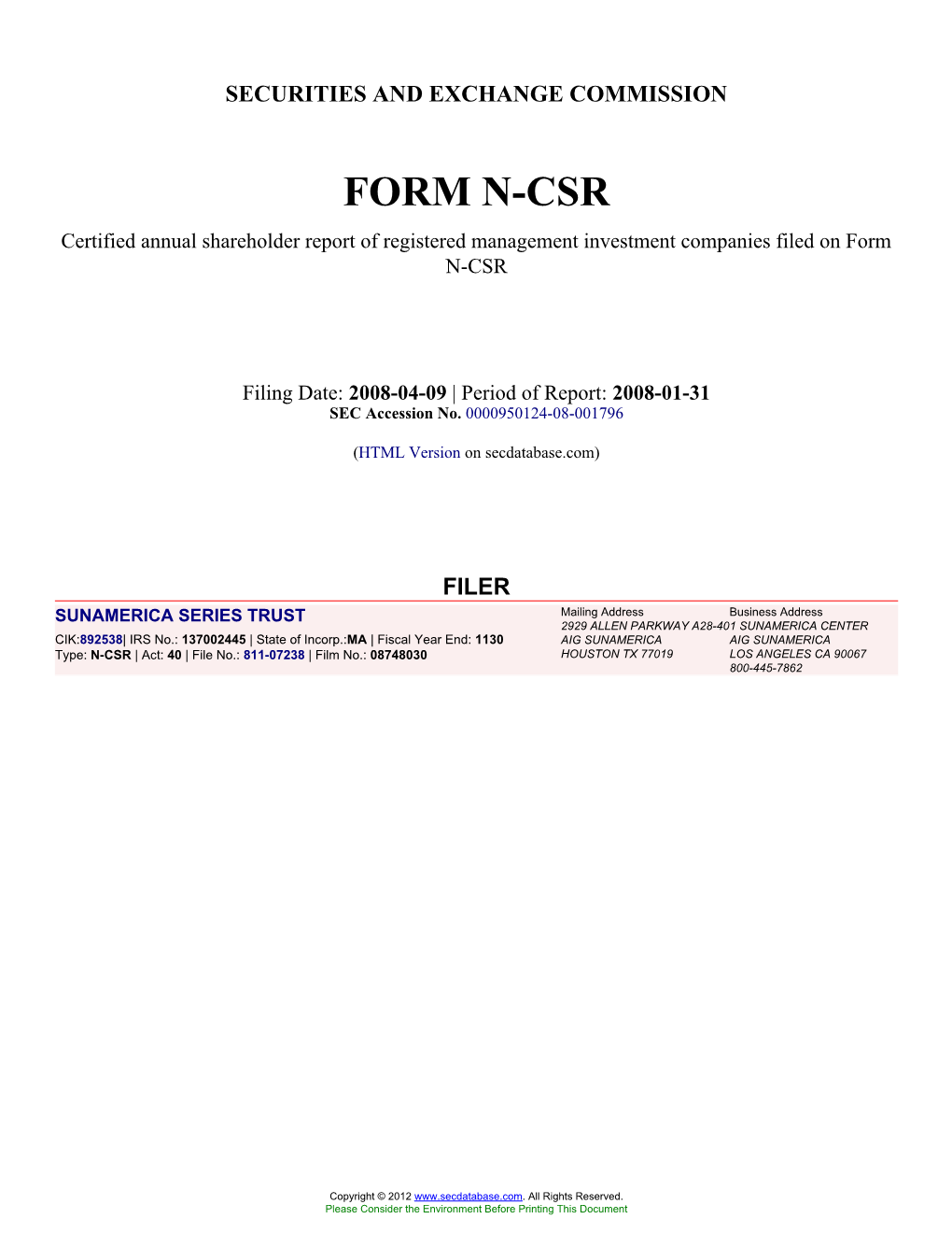 SUNAMERICA SERIES TRUST (Form: N-CSR, Filing Date: 04/09