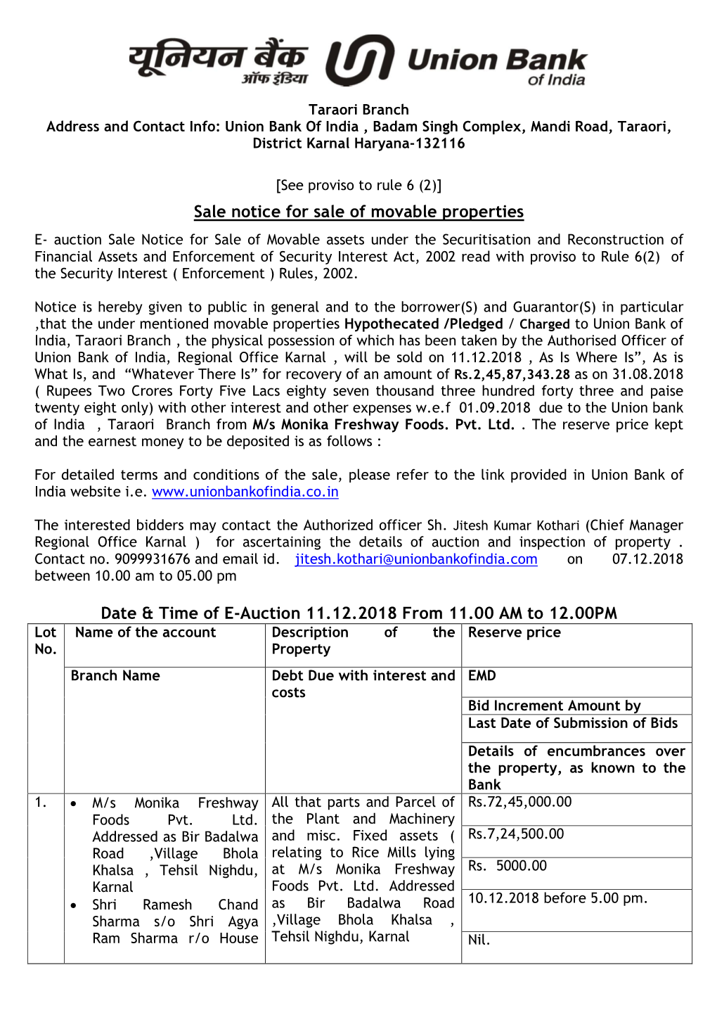 Sale Notice for Sale of Movable Properties Date & Time of E-Auction