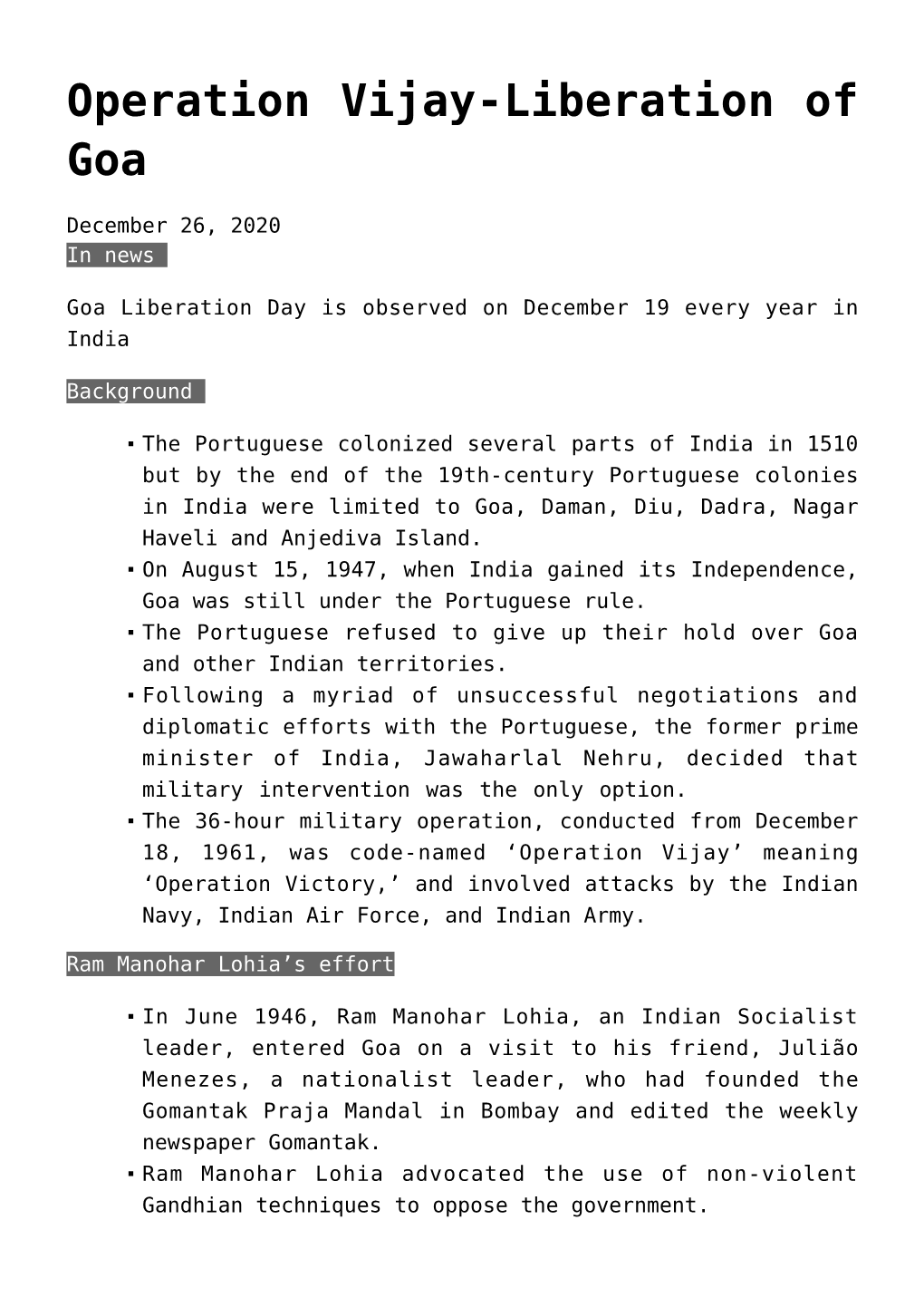 Operation Vijay-Liberation of Goa