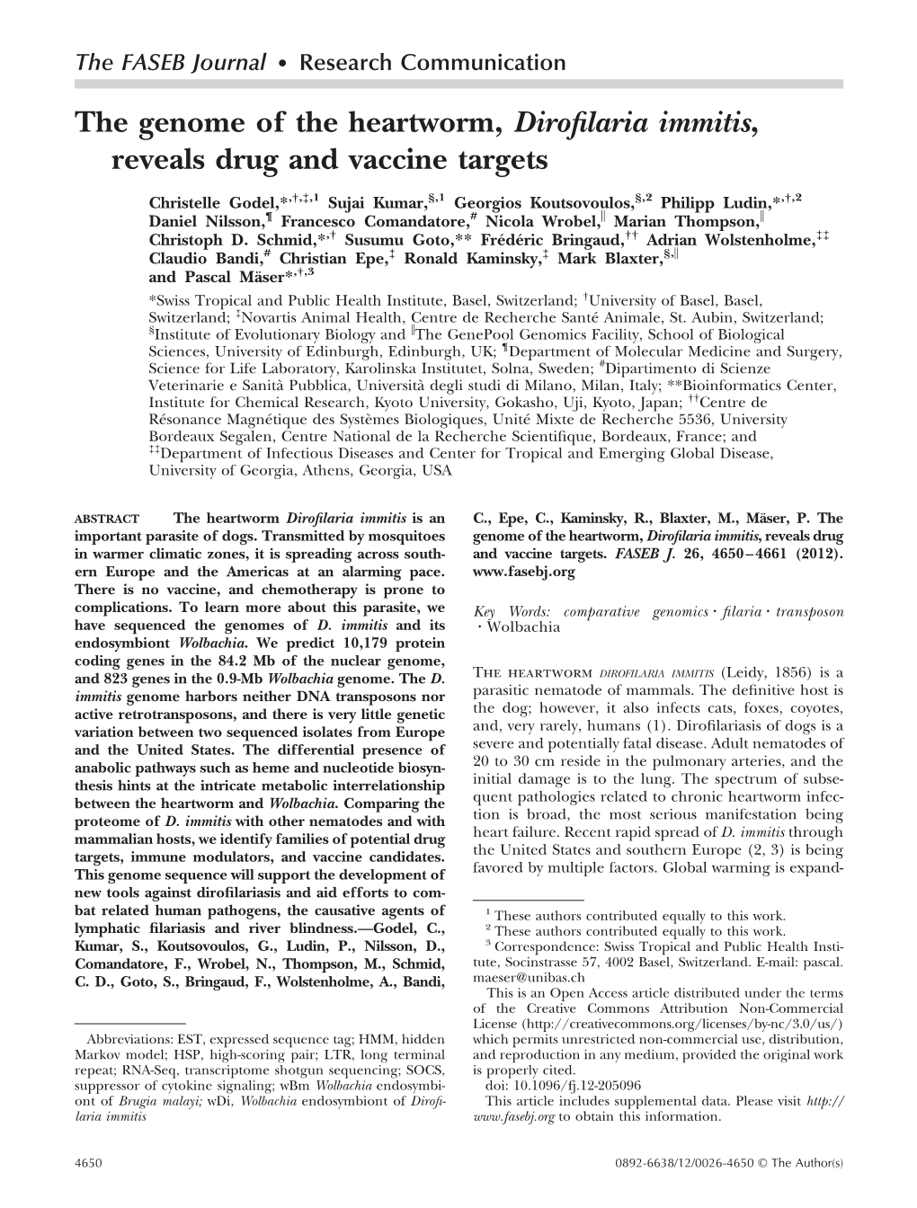 The Genome of the Heartworm, Dirofilaria Immitis, Reveals Drug and Vaccine Targets