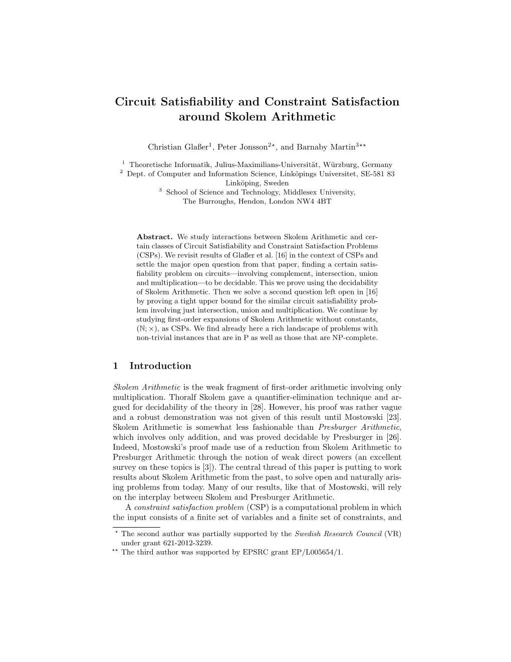 Circuit Satisfiability and Constraint Satisfaction Around Skolem Arithmetic