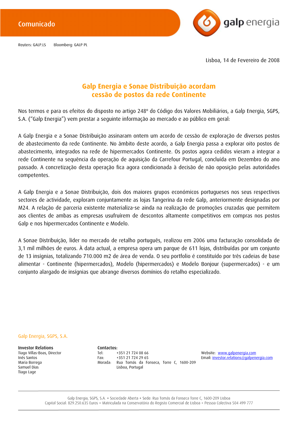 Comunicado Galp Energia E Sonae Distribuição Acordam Cessão De