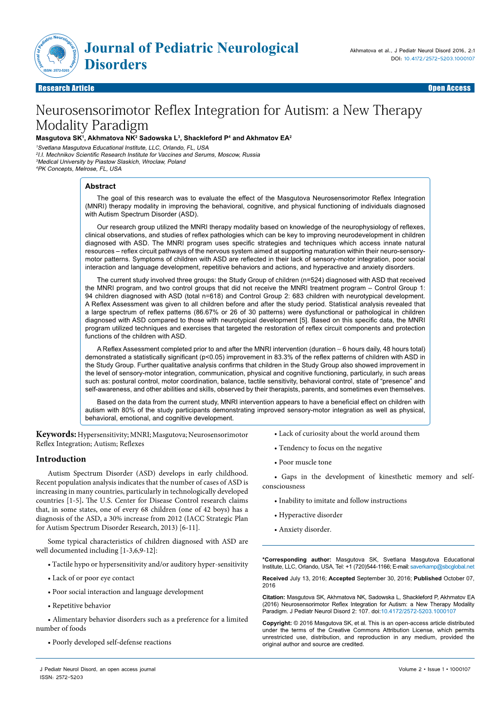 Neurosensorimotor Reflex Integration for Autism