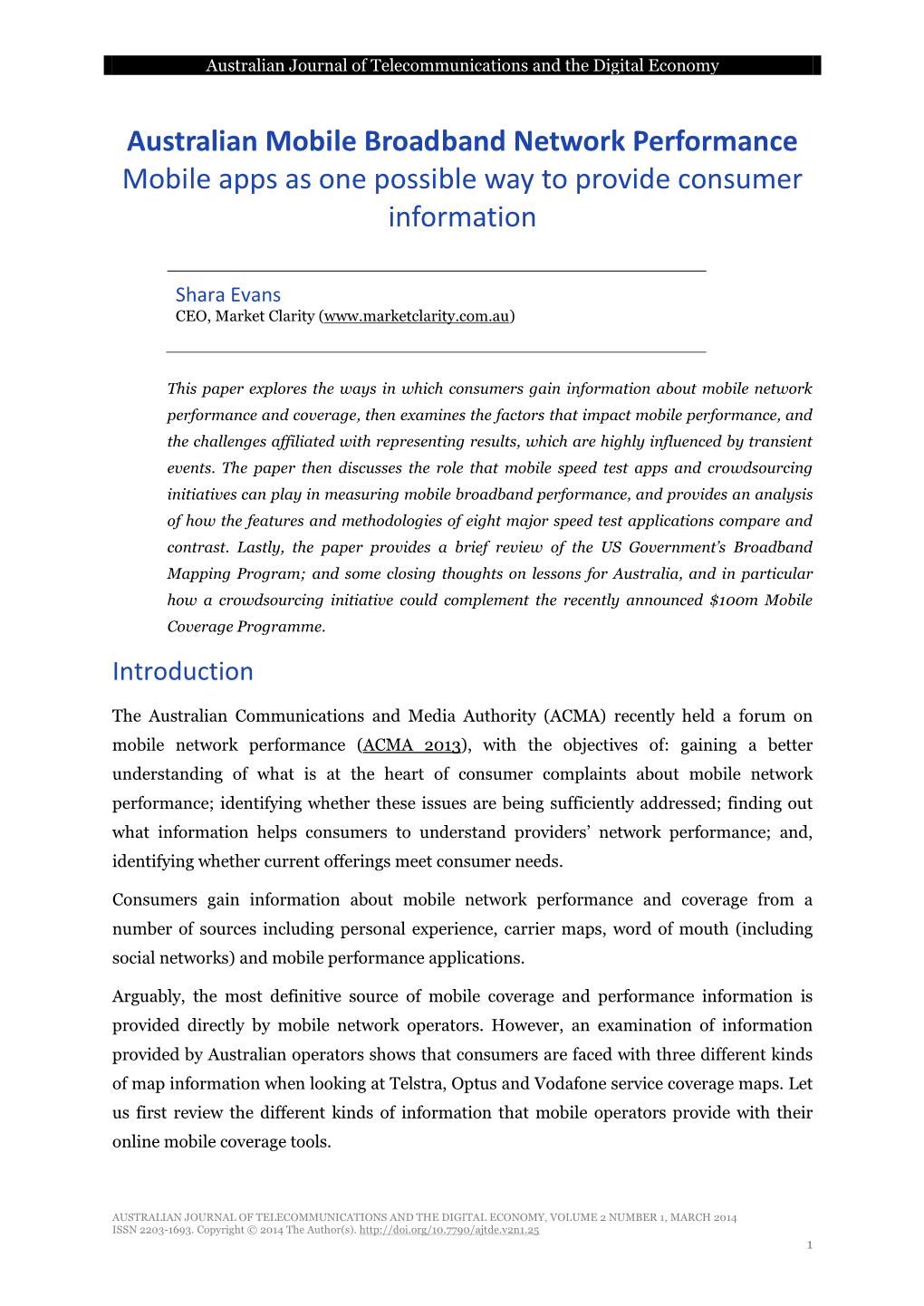 Australian Mobile Broadband Network Performance Mobile Apps As One Possible Way to Provide Consumer Information