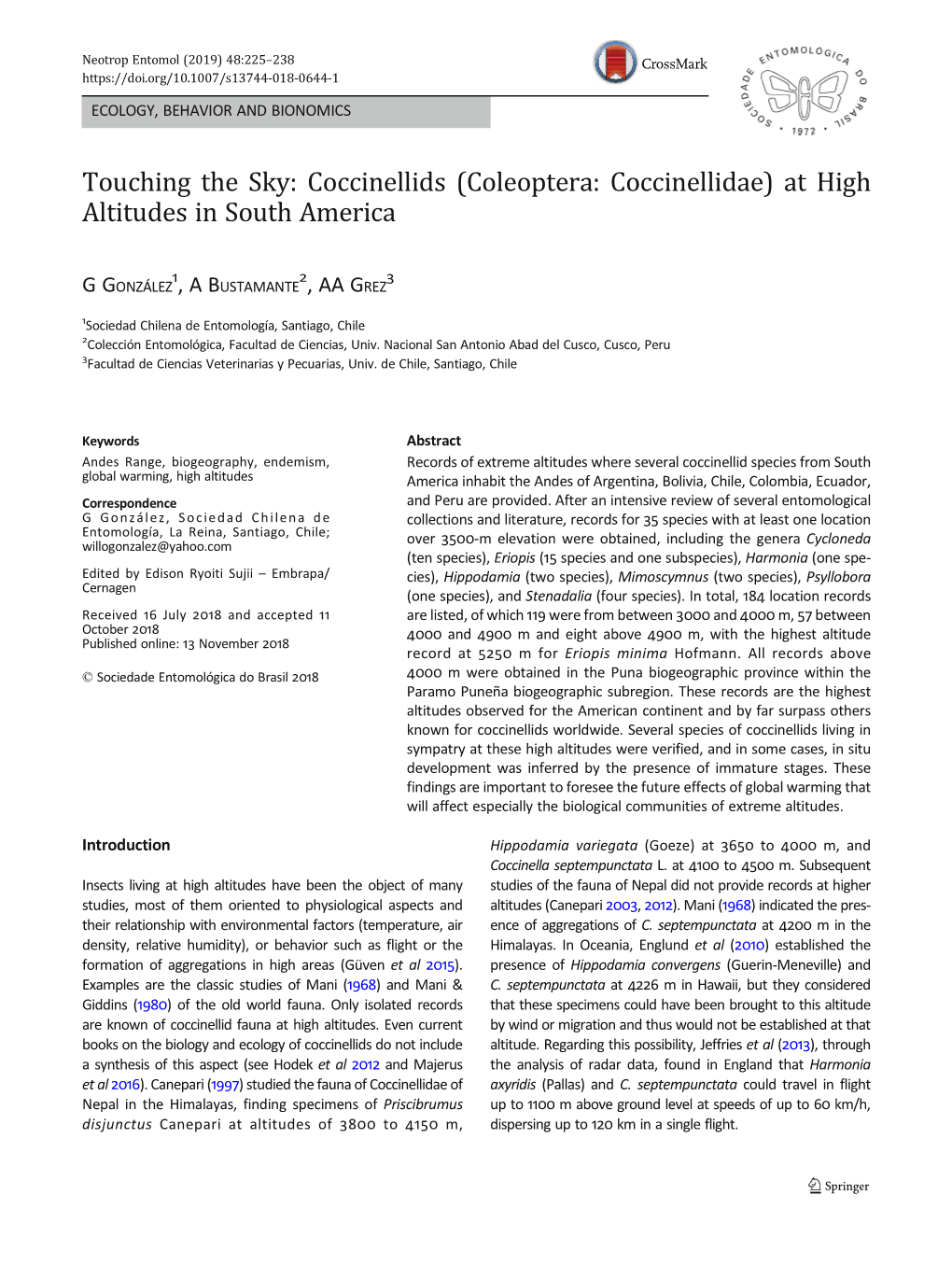 (Coleoptera: Coccinellidae) at High Altitudes in South America