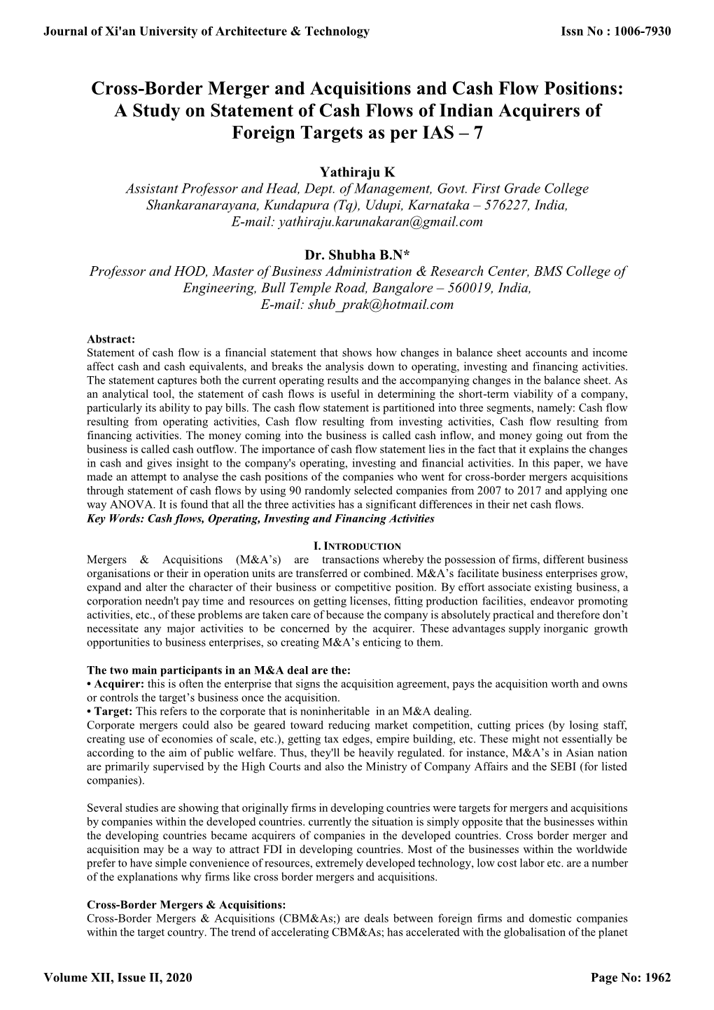 Cross-Border Merger and Acquisitions and Cash Flow Positions: a Study on Statement of Cash Flows of Indian Acquirers of Foreign Targets As Per IAS – 7