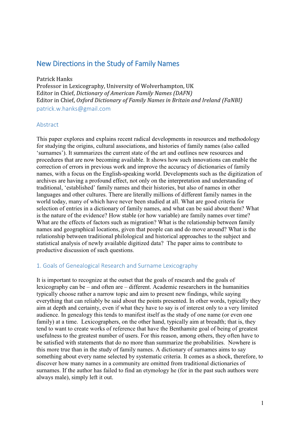 New Directions in the Study of Family Names