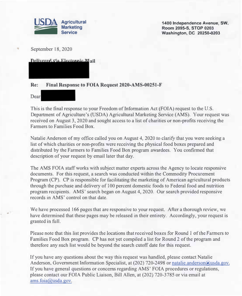 September 18, 2020 Ail Re: Final Response to FOIA Request 2020