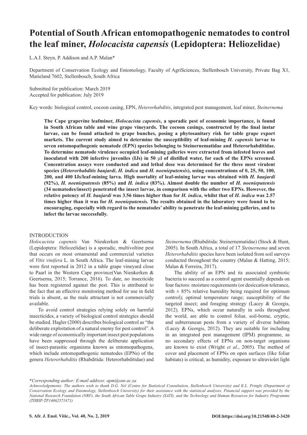 Potential of South African Entomopathogenic Nematodes to Control the Leaf Miner, Holocacista Capensis (Lepidoptera: Heliozelidae)