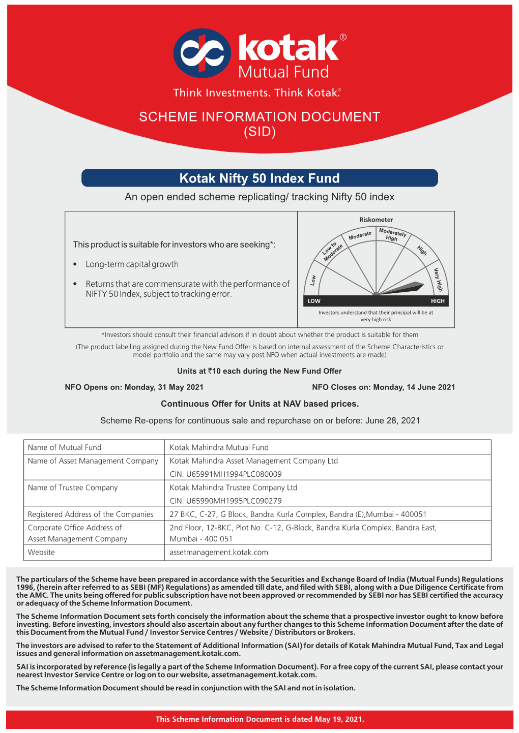 Kotak Nifty 50 Index Fund SCHEME INFORMATION DOCUMENT