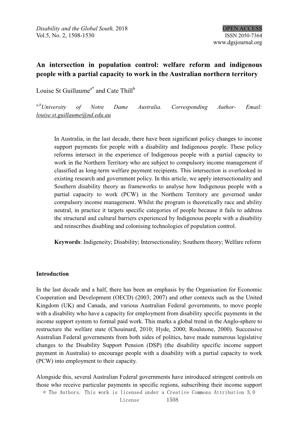 An Intersection in Population Control: Welfare Reform and Indigenous People with a Partial Capacity to Work in the Australian Northern Territory