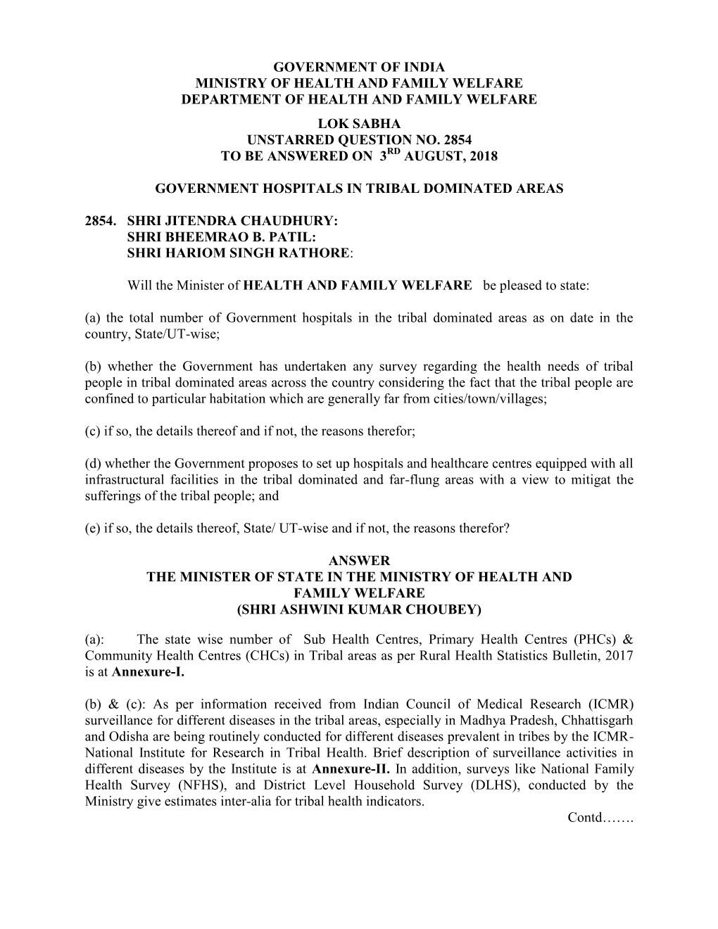 Government of India Ministry of Health and Family Welfare Department of Health and Family Welfare Lok Sabha Unstarred Question No