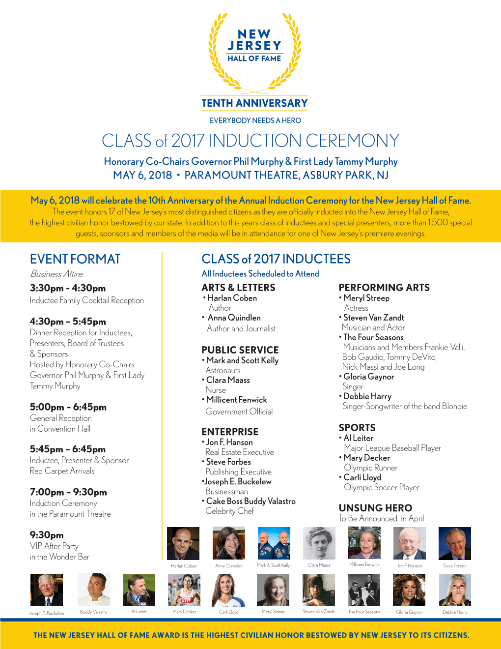 CLASS of 2017 INDUCTION CEREMONY Honorary Co-Chairs Governor Phil Murphy & First Lady Tammy Murphy MAY 6, 2018 • PARAMOUNT THEATRE, ASBURY PARK, NJ