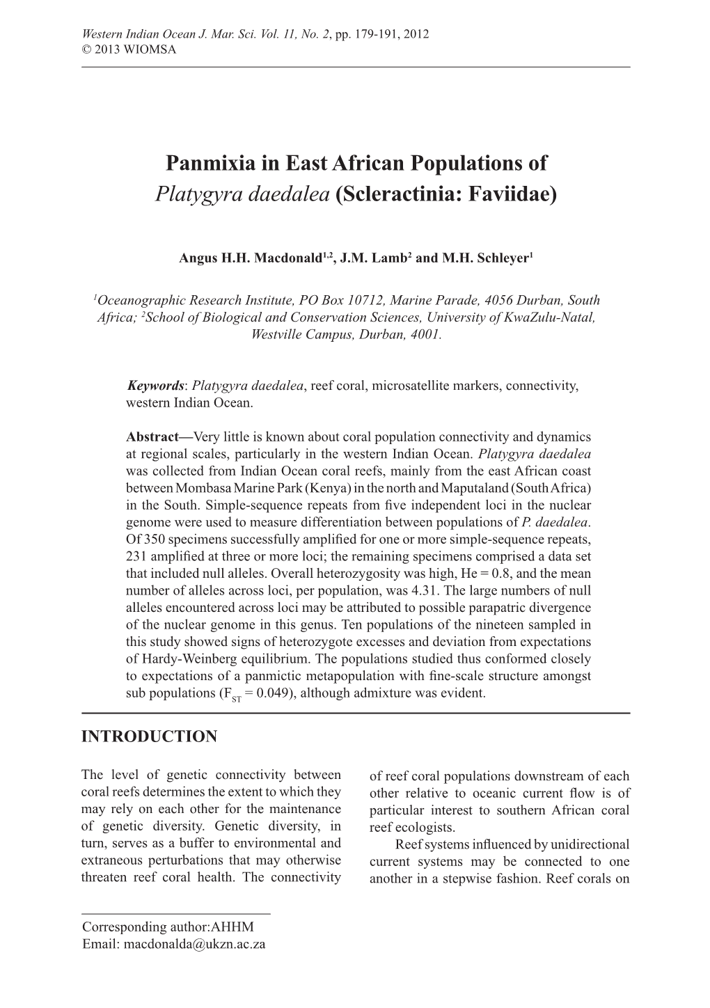 Panmixia in East African Populations of Platygyra Daedalea (Scleractinia: Faviidae)