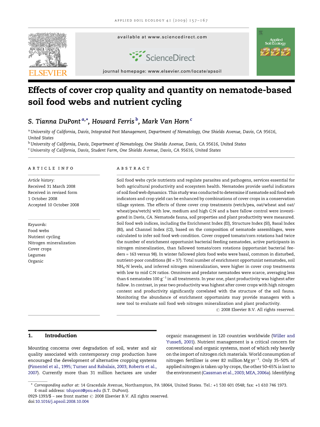 Effects of Cover Crop Quality and Quantity on Nematode-Based Soil Food Webs and Nutrient Cycling