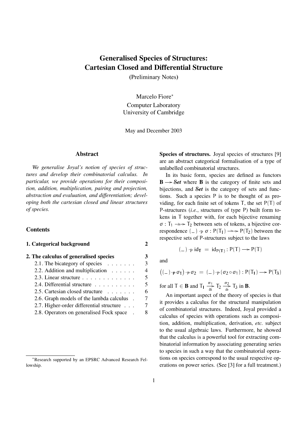 Generalised Species of Structures: Cartesian Closed and Differential Structure (Preliminary Notes)