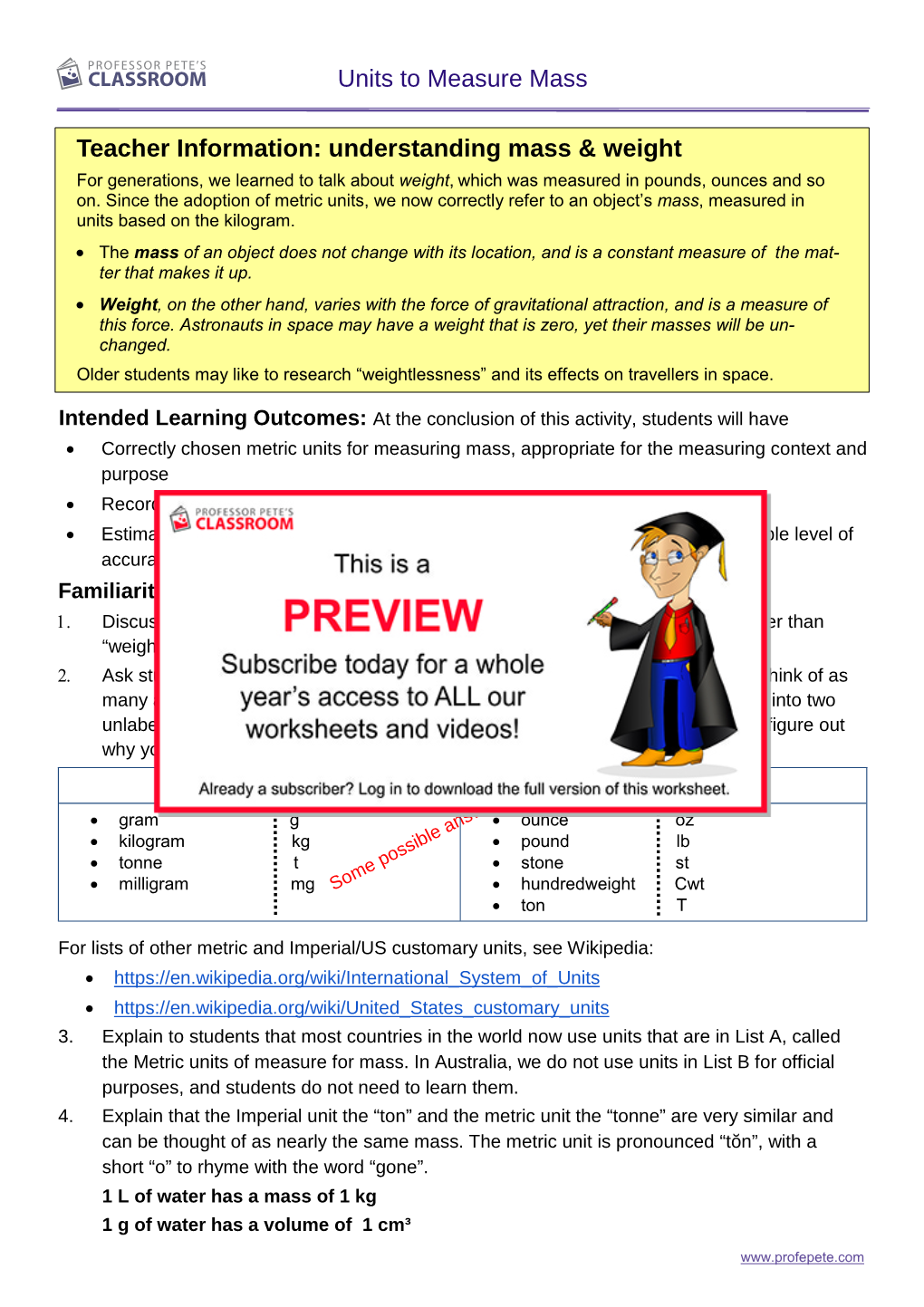 Units to Measure Mass Teacher Information: Understanding Mass