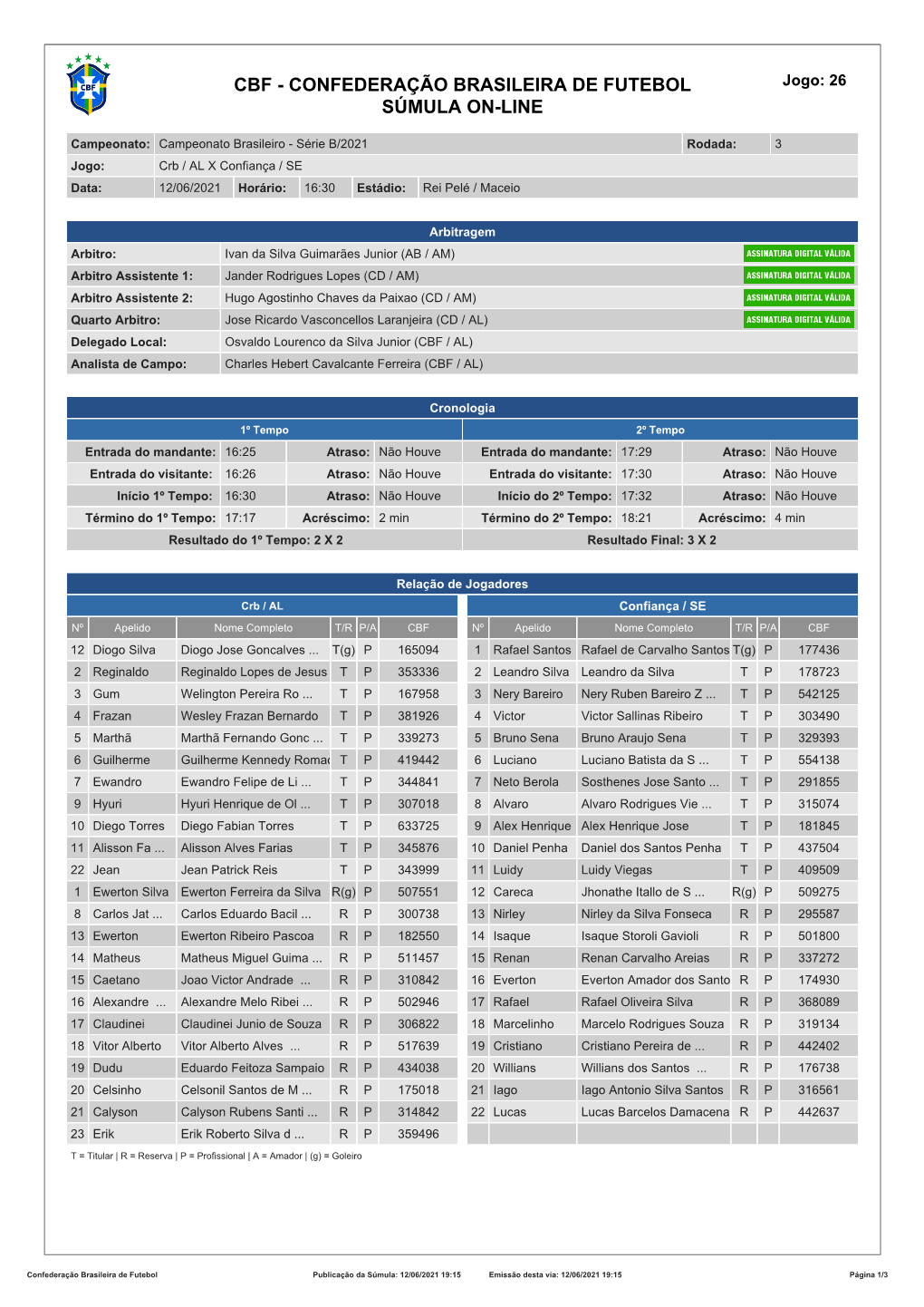 CBF - CONFEDERAÇÃO BRASILEIRA DE FUTEBOL Jogo: 26 SÚMULA ON-LINE