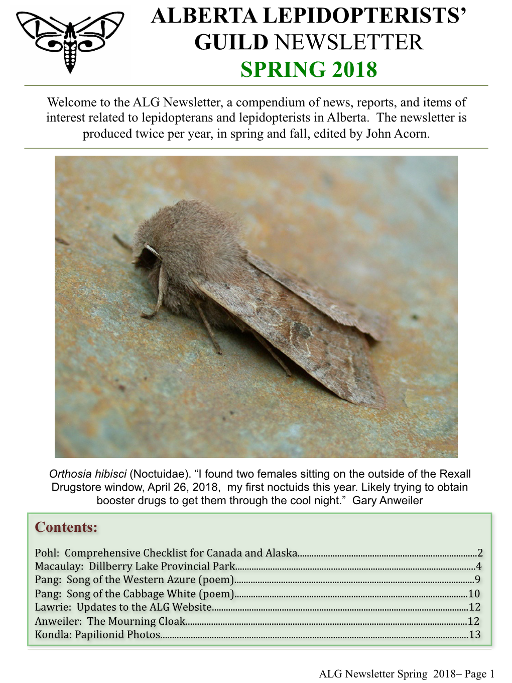 Alberta Lepidopterists' Guild Newsletter Spring 2018