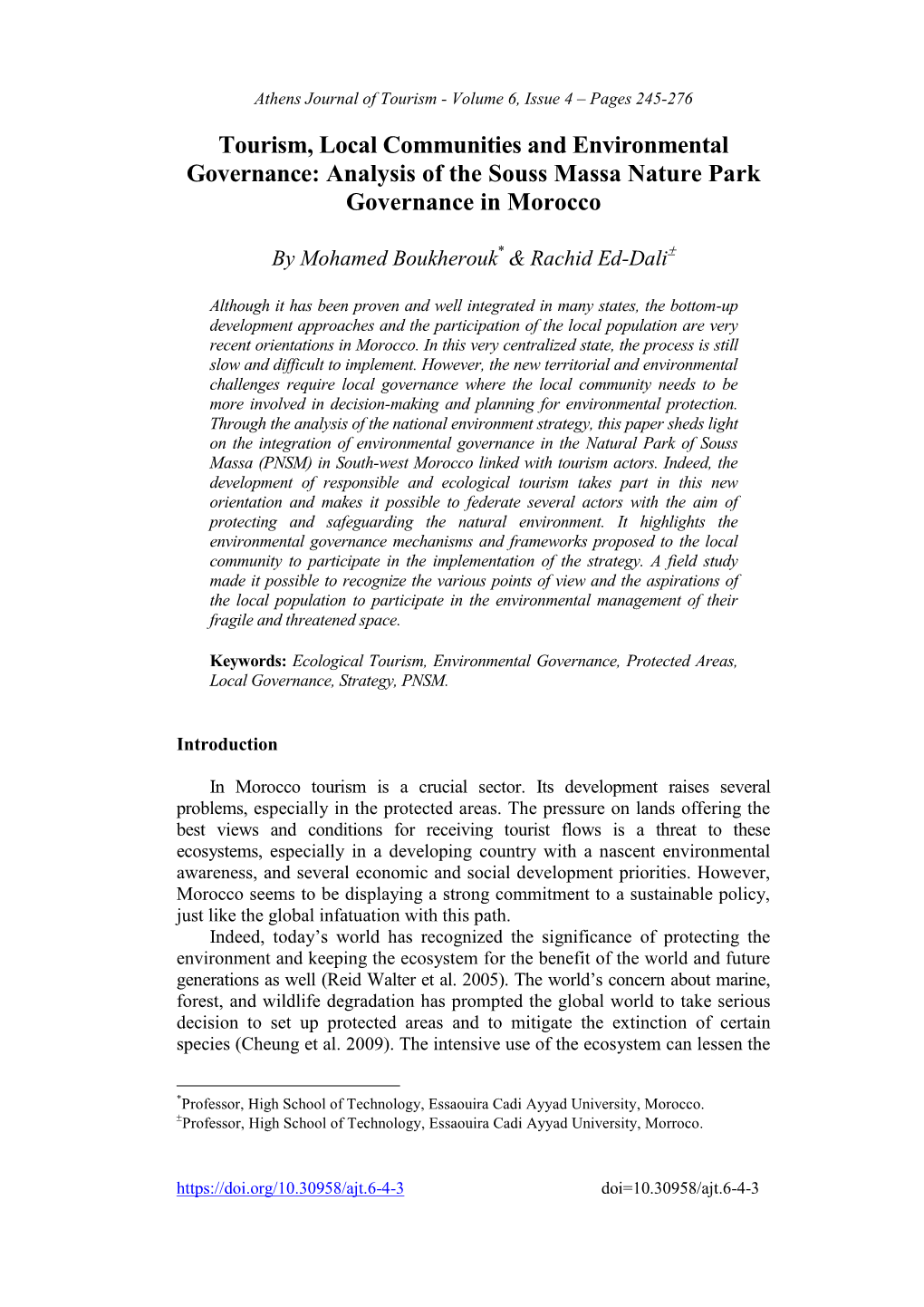 Tourism, Local Communities and Environmental Governance: Analysis of the Souss Massa Nature Park Governance in Morocco