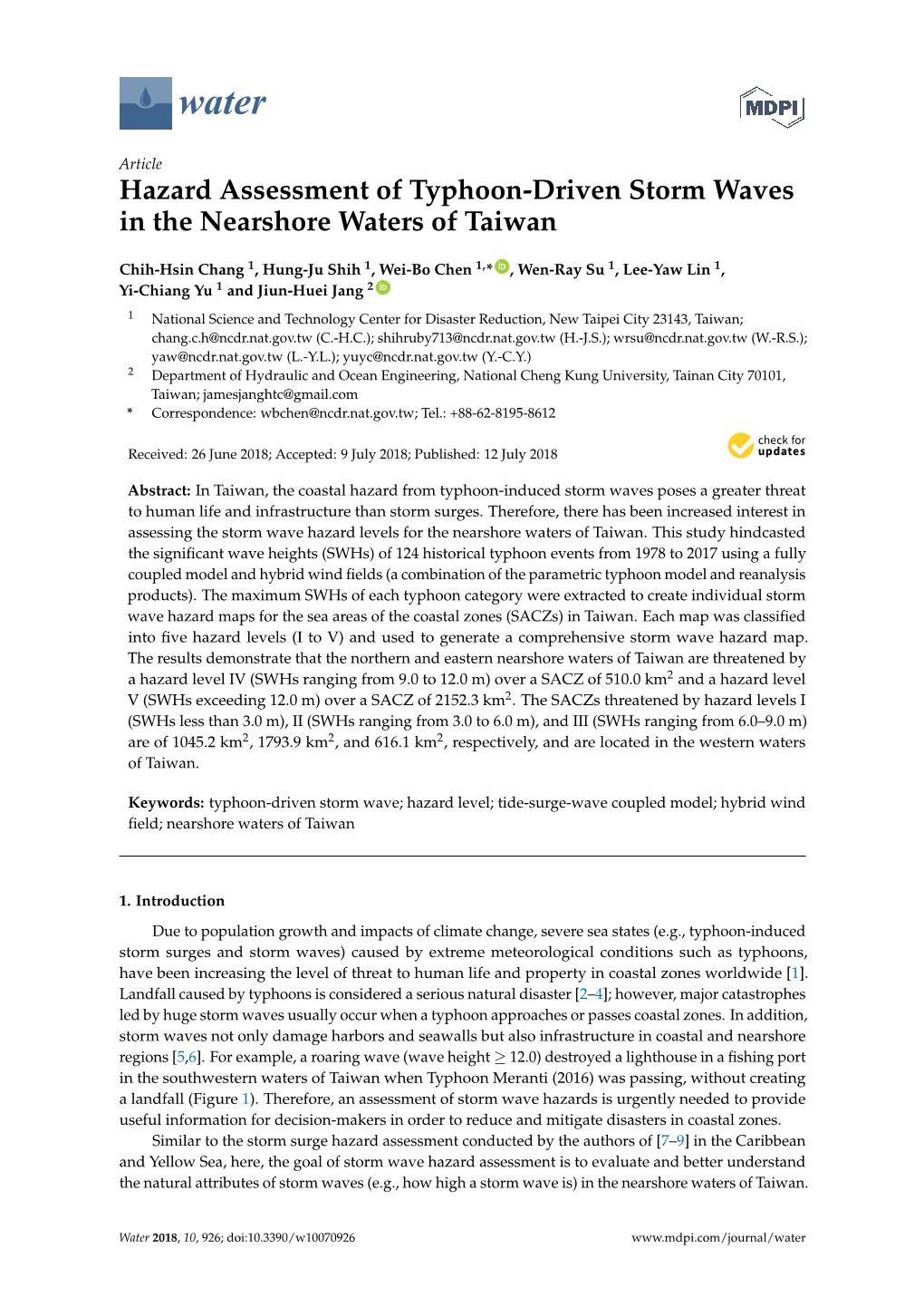 Hazard Assessment of Typhoon-Driven Storm Waves in the Nearshore Waters of Taiwan