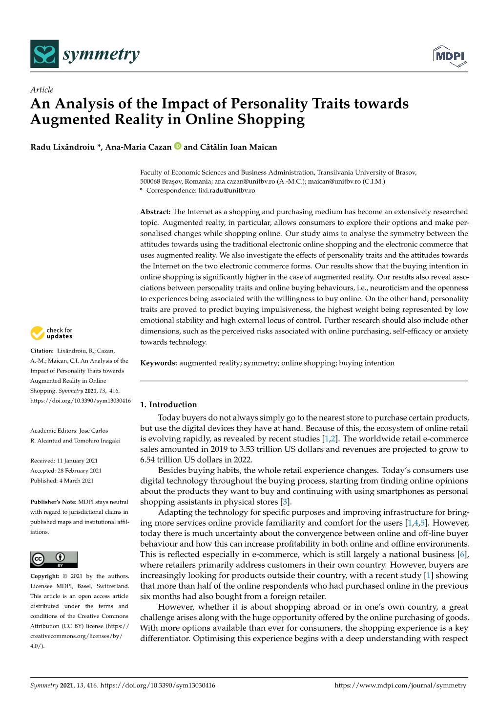 An Analysis of the Impact of Personality Traits Towards Augmented Reality in Online Shopping