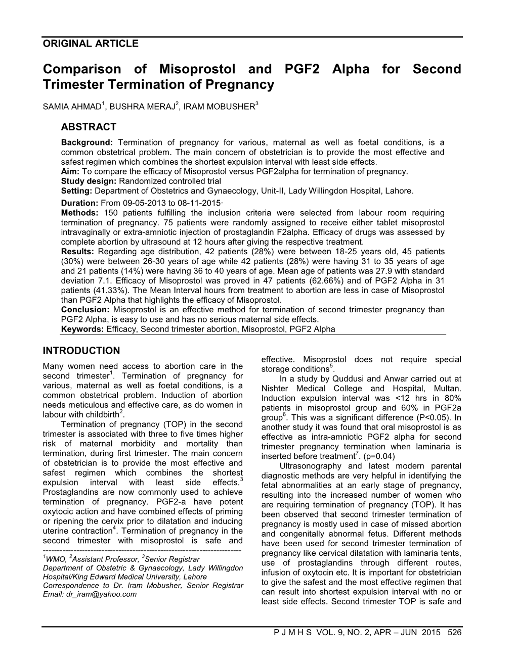 Comparison of Misoprostol and PGF2 Alpha for Second Trimester Termination of Pregnancy