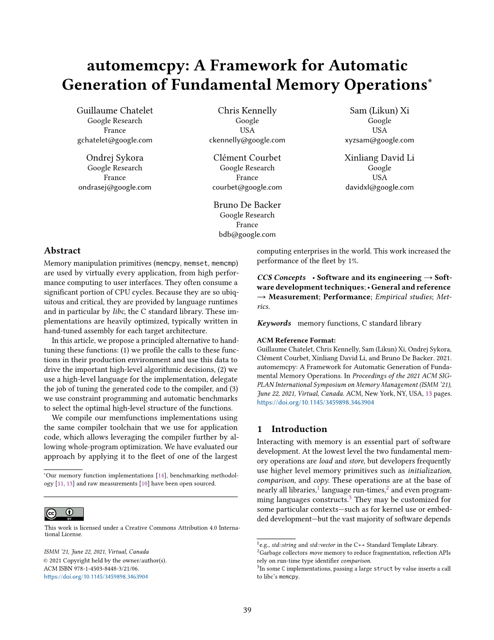 A Framework for Automatic Generation of Fundamental Memory Operations∗