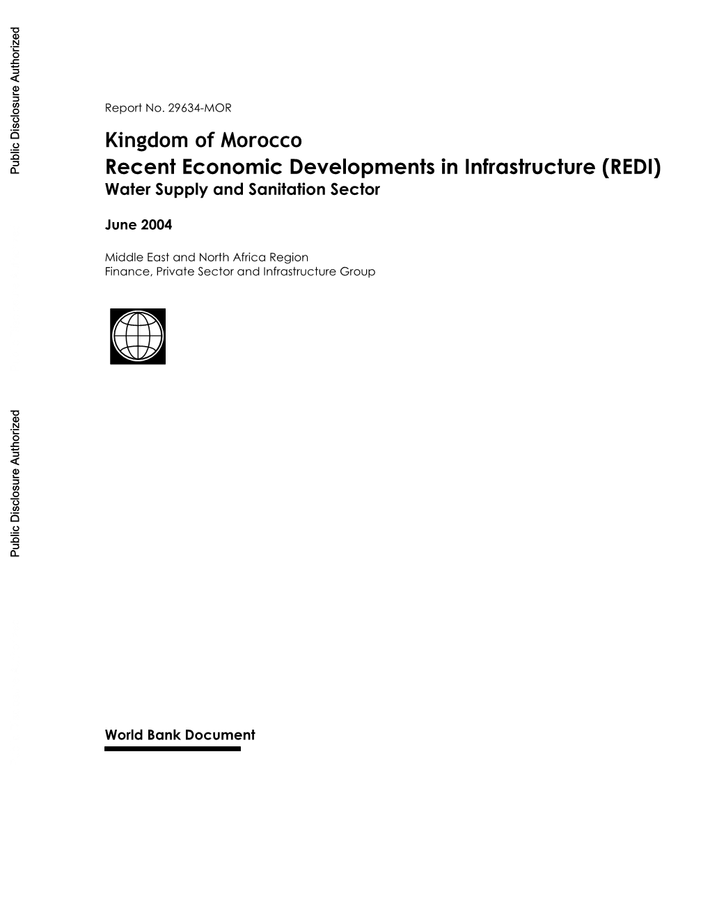 Kingdom of Morocco Recent Economic Developments in Infrastructure (REDI) Water Supply and Sanitation Sector