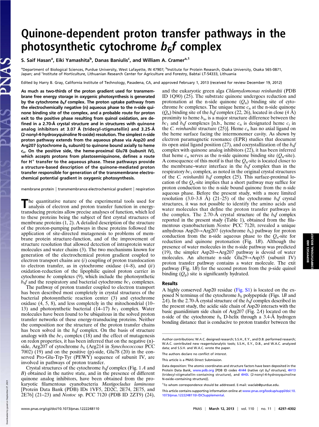 Quinone-Dependent Proton Transfer Pathways in the Photosynthetic Cytochrome B6f Complex