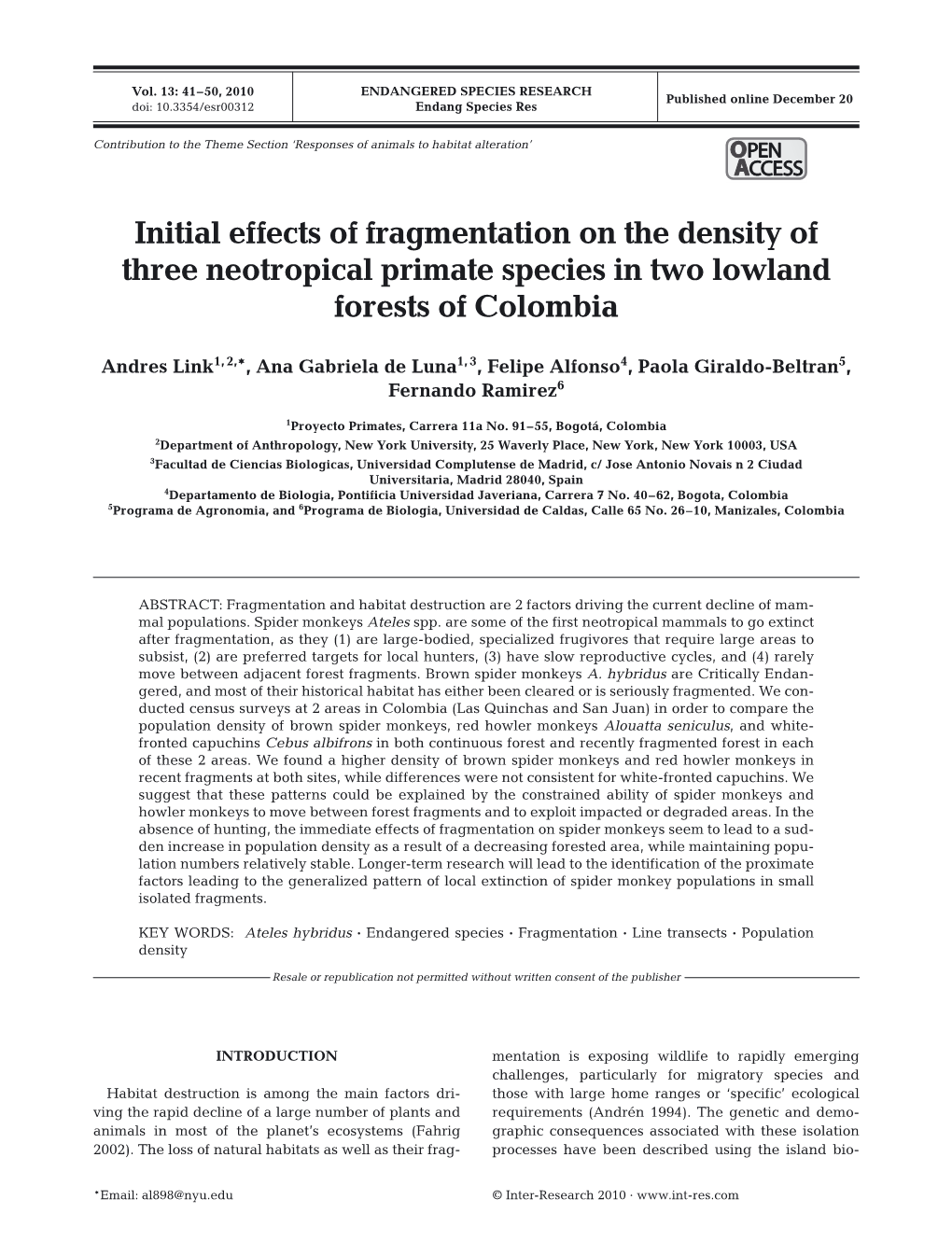 Initial Effects of Fragmentation on the Density of Three Neotropical Primate Species in Two Lowland Forests of Colombia