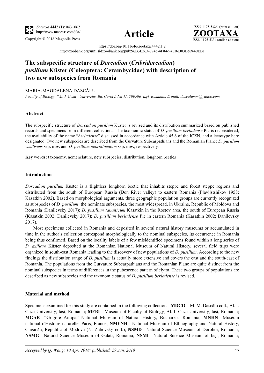 Coleoptera: Cerambycidae) with Description of Two New Subspecies from Romania