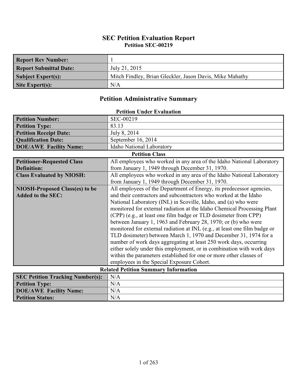 Idaho National Laboratory SEC Petition Evaluation Report, Petition