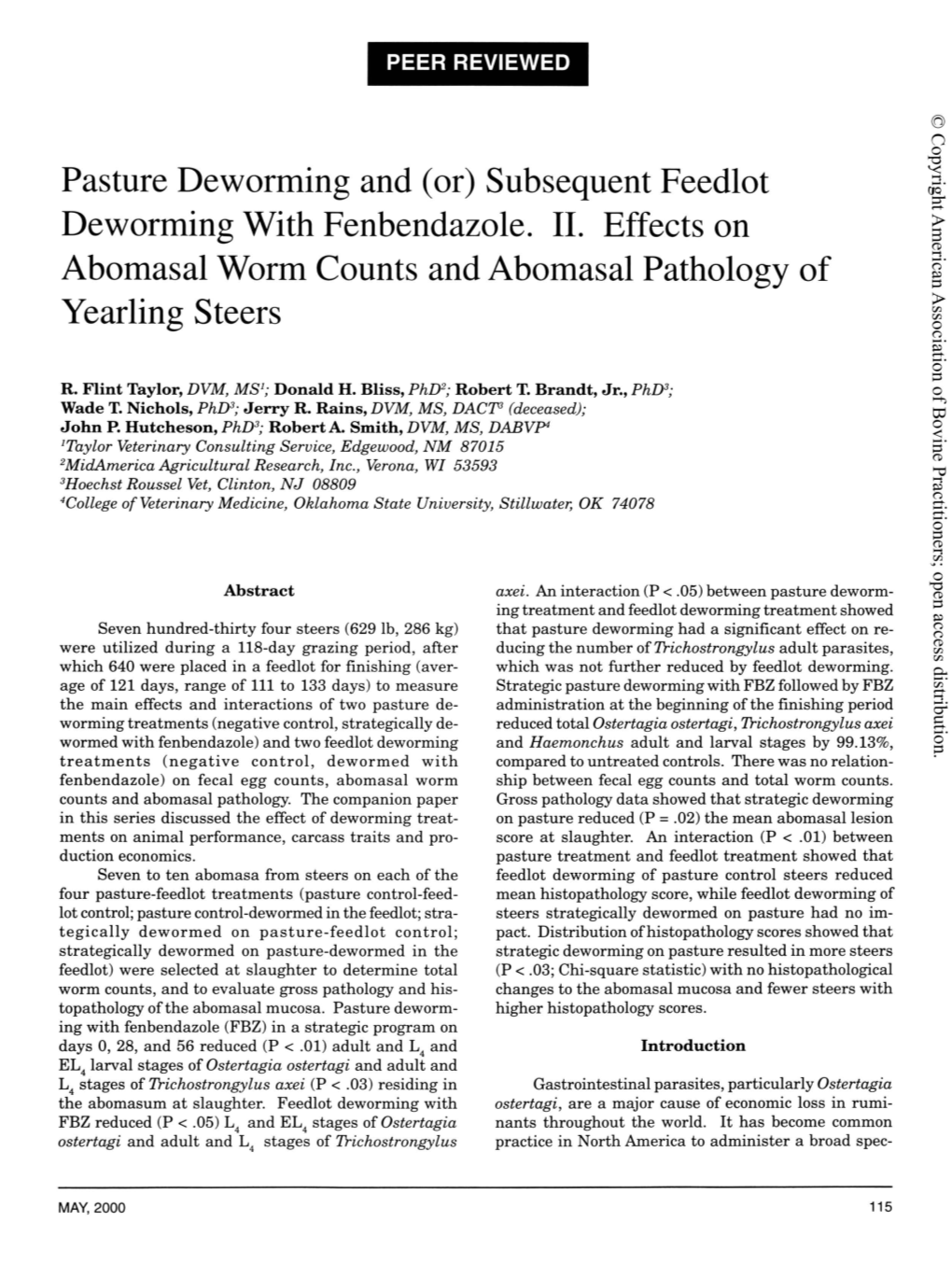 Pasture Deworn1ing and (Or) Subsequent Feedlot Deworn1ing with Fenbendazole