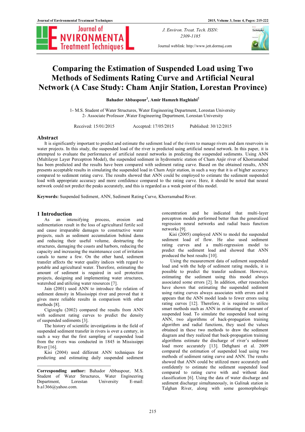 Comparing the Estimation of Suspended Load Using Two