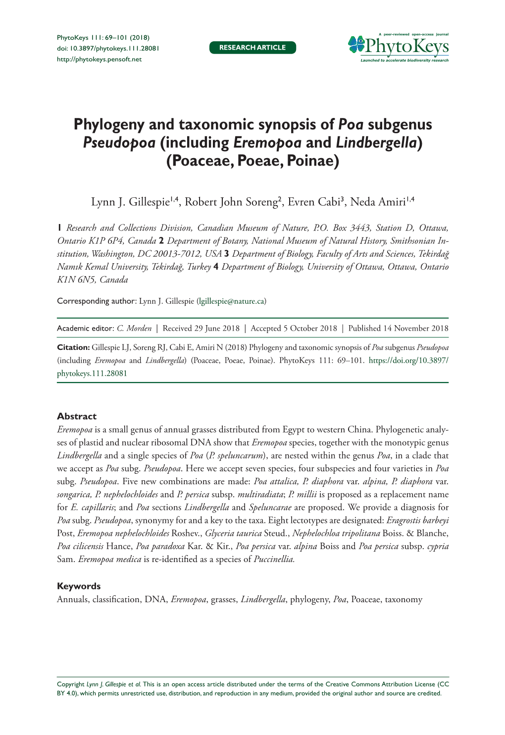 Phylogeny and Taxonomic Synopsis of Poa Subgenus Pseudopoa (Including Eremopoa and Lindbergella) (Poaceae, Poeae, Poinae)