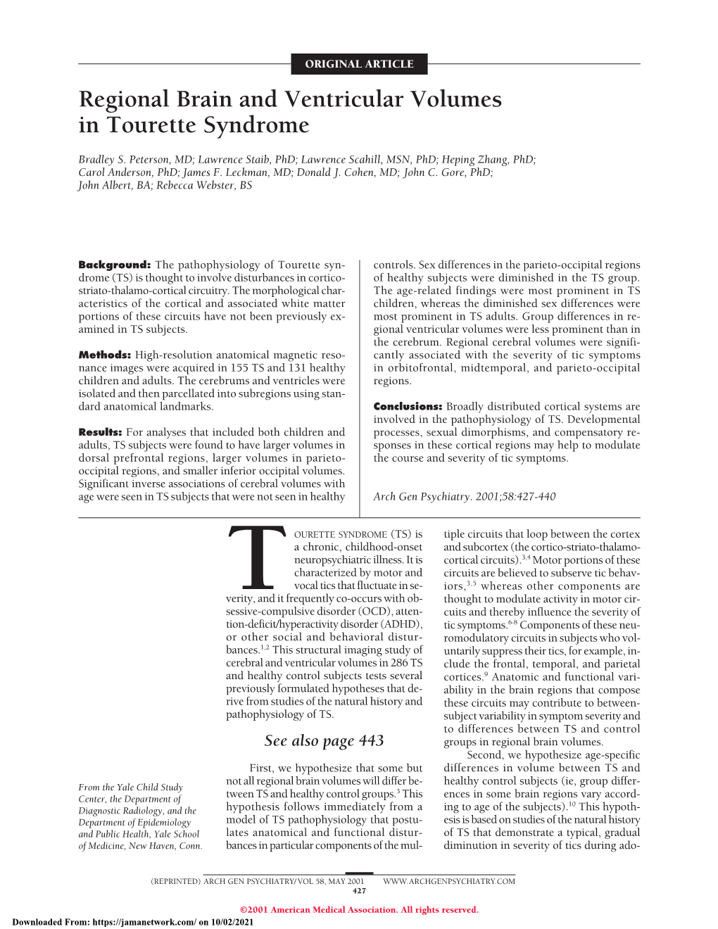 Regional Brain and Ventricular Volumes in Tourette Syndrome