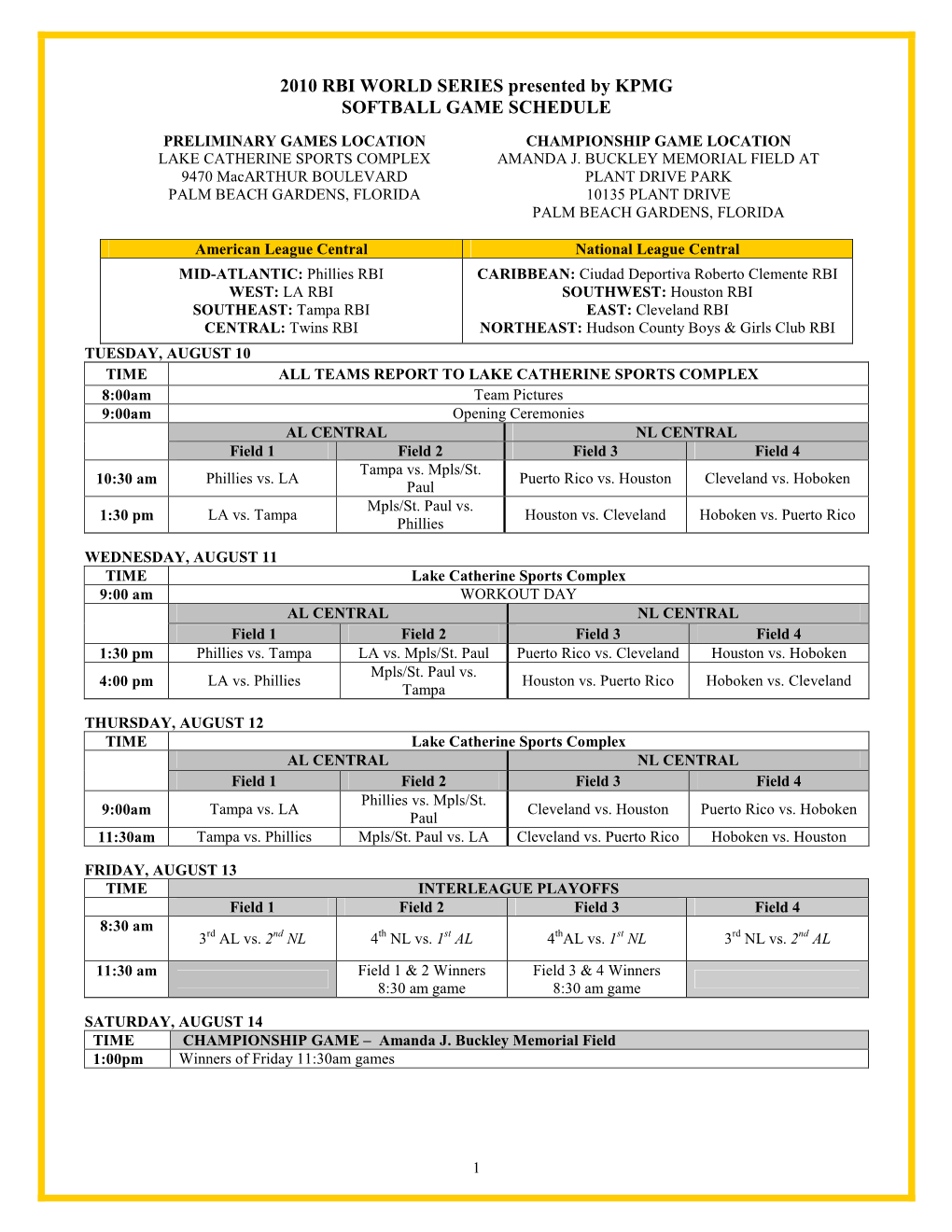 2010 RBI WORLD SERIES Presented by KPMG SOFTBALL GAME SCHEDULE