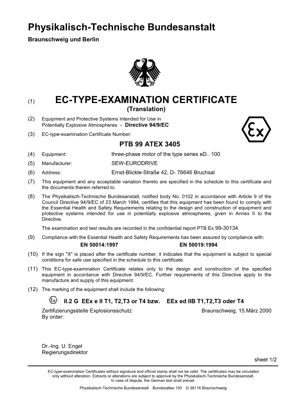 PTB 99 ATEX 3405 English Translation