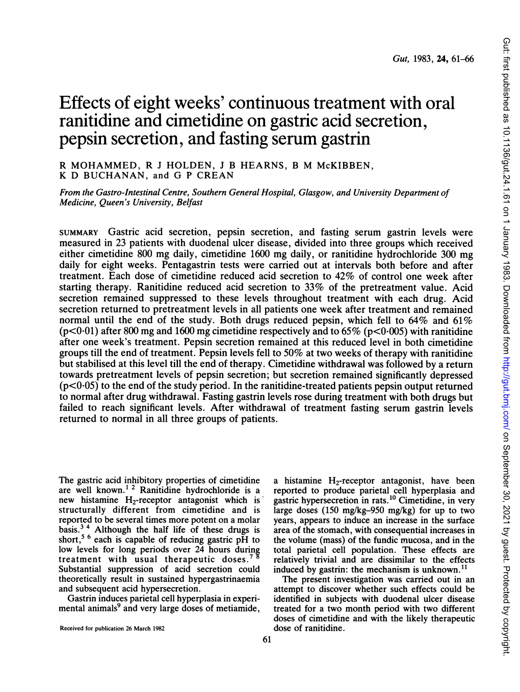 Effects of Eight Weeks' Continuous Treatment with Oral Ranitidine and Cimetidine on Gastric Acid Secretion, Pepsin Secretion, and Fasting Serum Gastrin