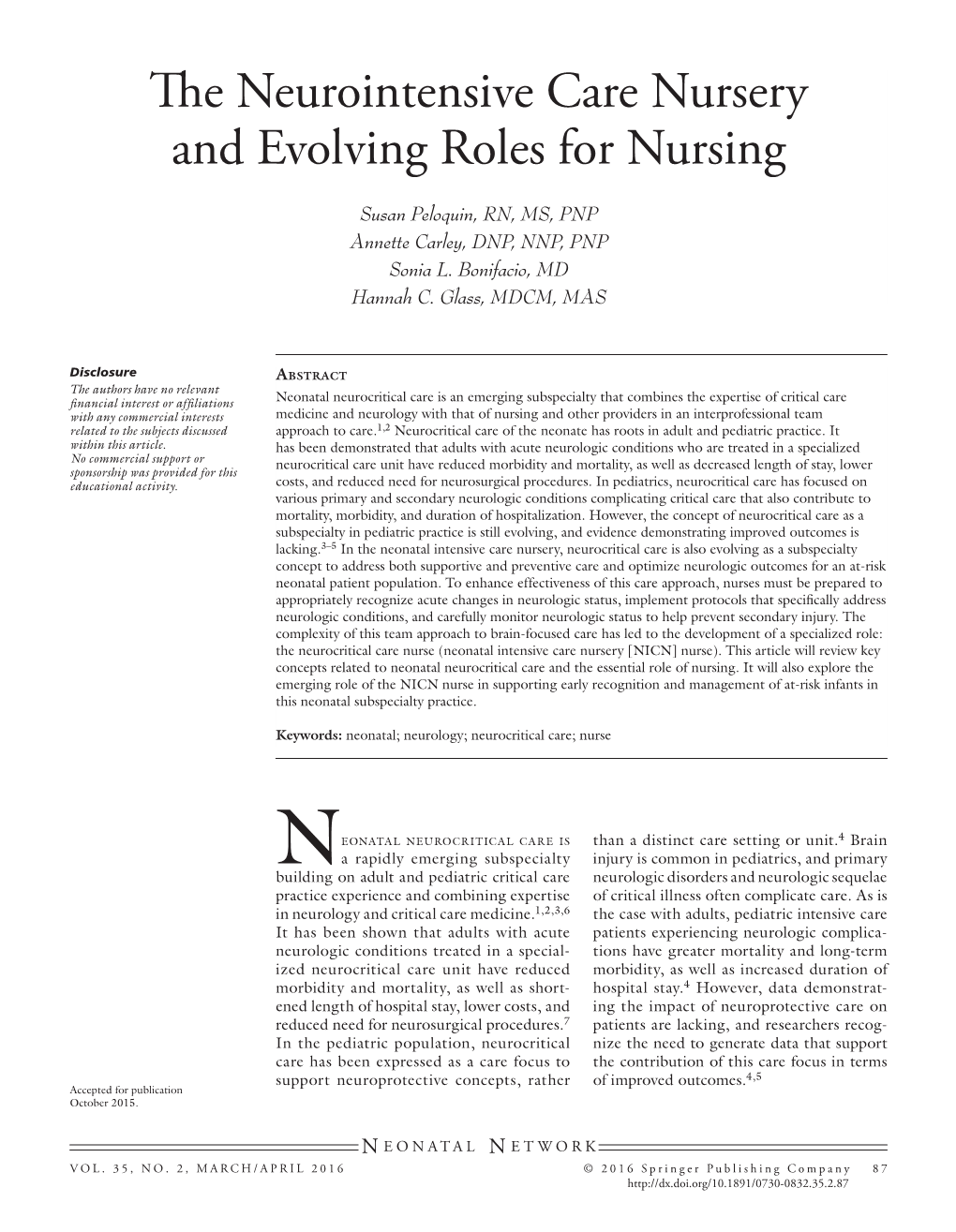 The Neurointensive Care Nursery and Evolving Roles for Nursing