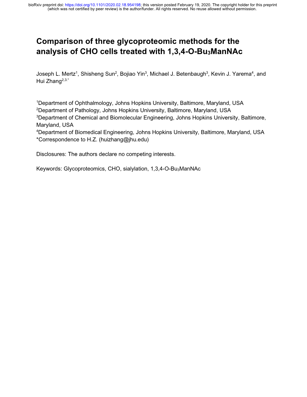 Comparison of Three Glycoproteomic Methods for the Analysis of CHO Cells Treated with 1,3,4-O-Bu3mannac