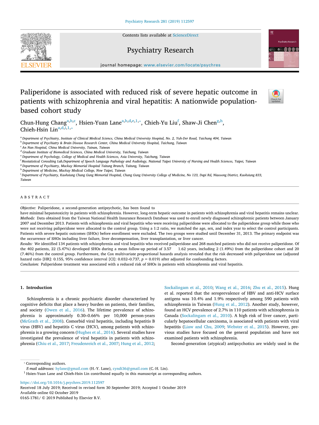 Paliperidone Is Associated with Reduced Risk of Severe Hepatic Outcome in Patients with Schizophrenia and Viral Hepatitis A