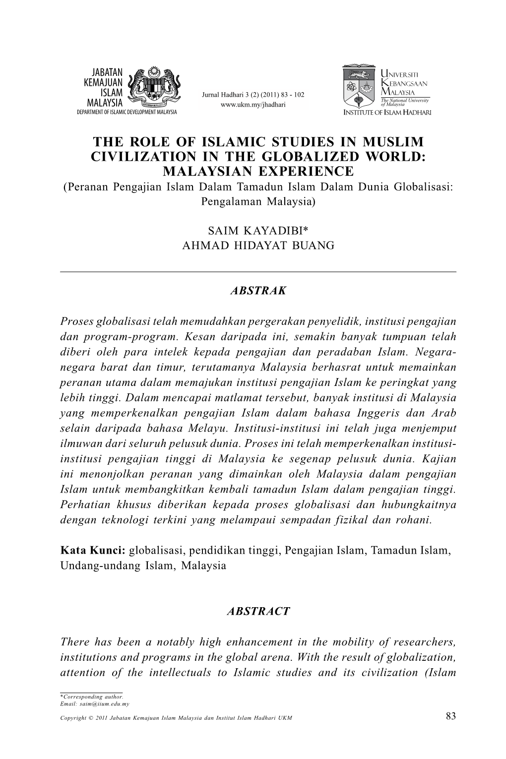 The Role of Islamic Studies in Muslim Civilization in the Globalized World