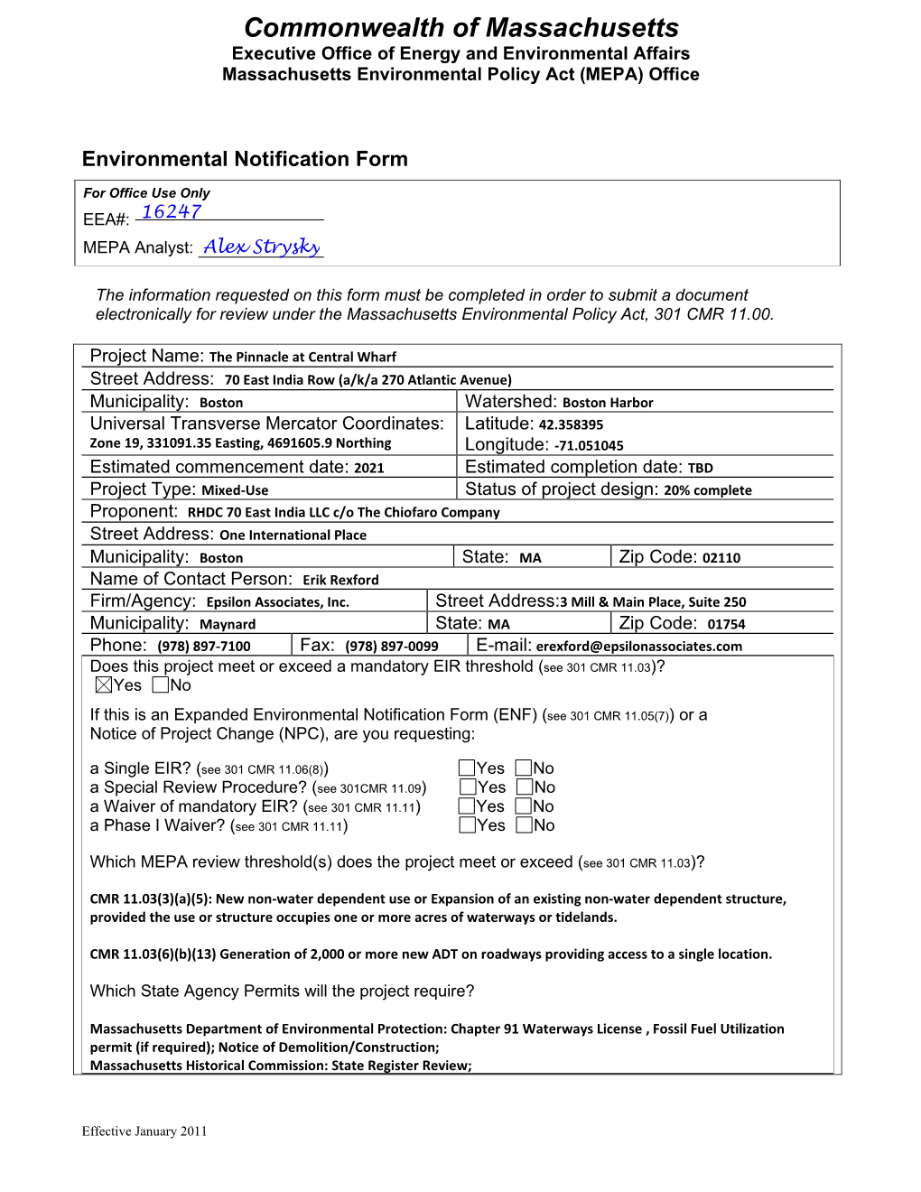 Commonwealth of Massachusetts Executive Office of Energy and Environmental Affairs Massachusetts Environmental Policy Act (MEPA) Office