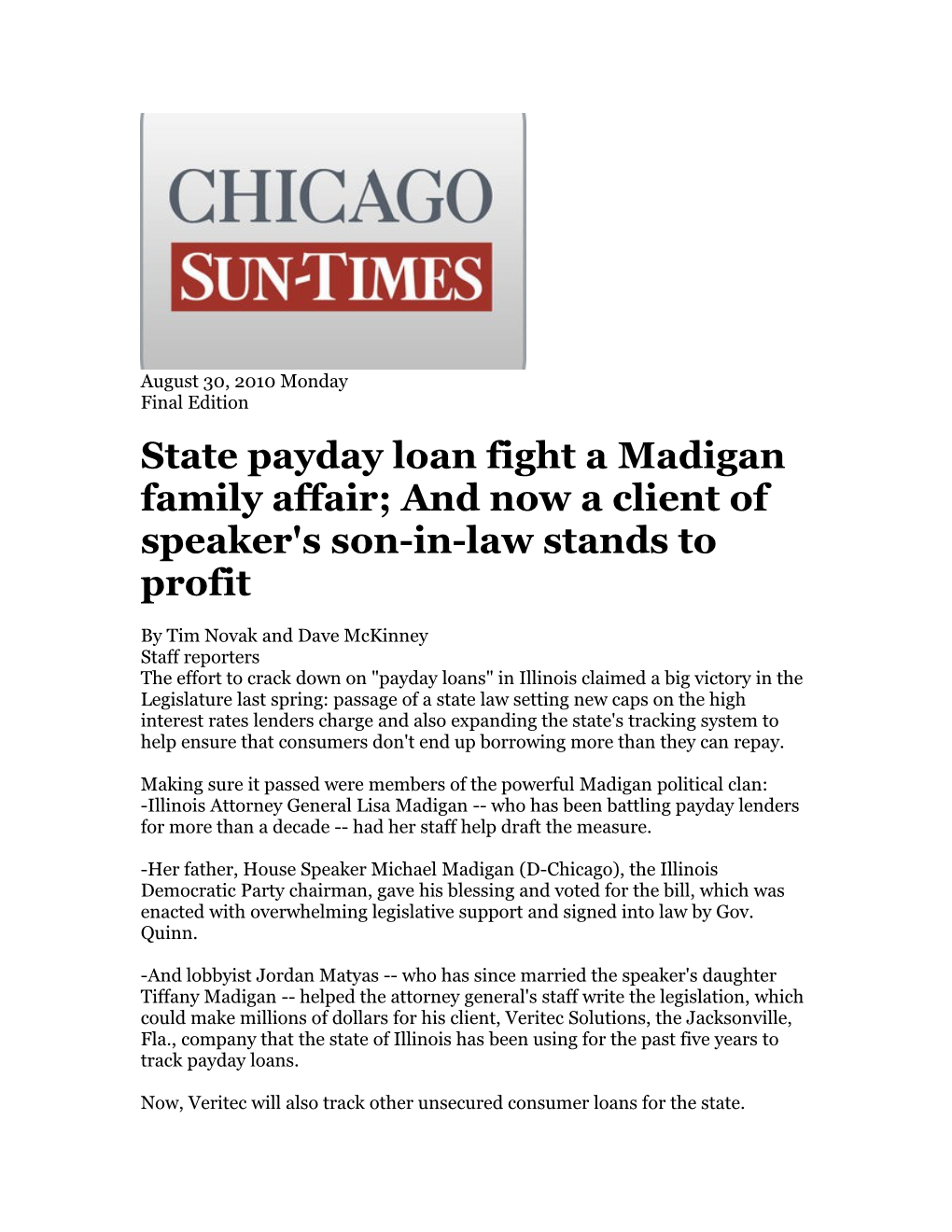 State Payday Loan Fight a Madigan Family Affair; and Now a Client of Speaker's Son-In-Law