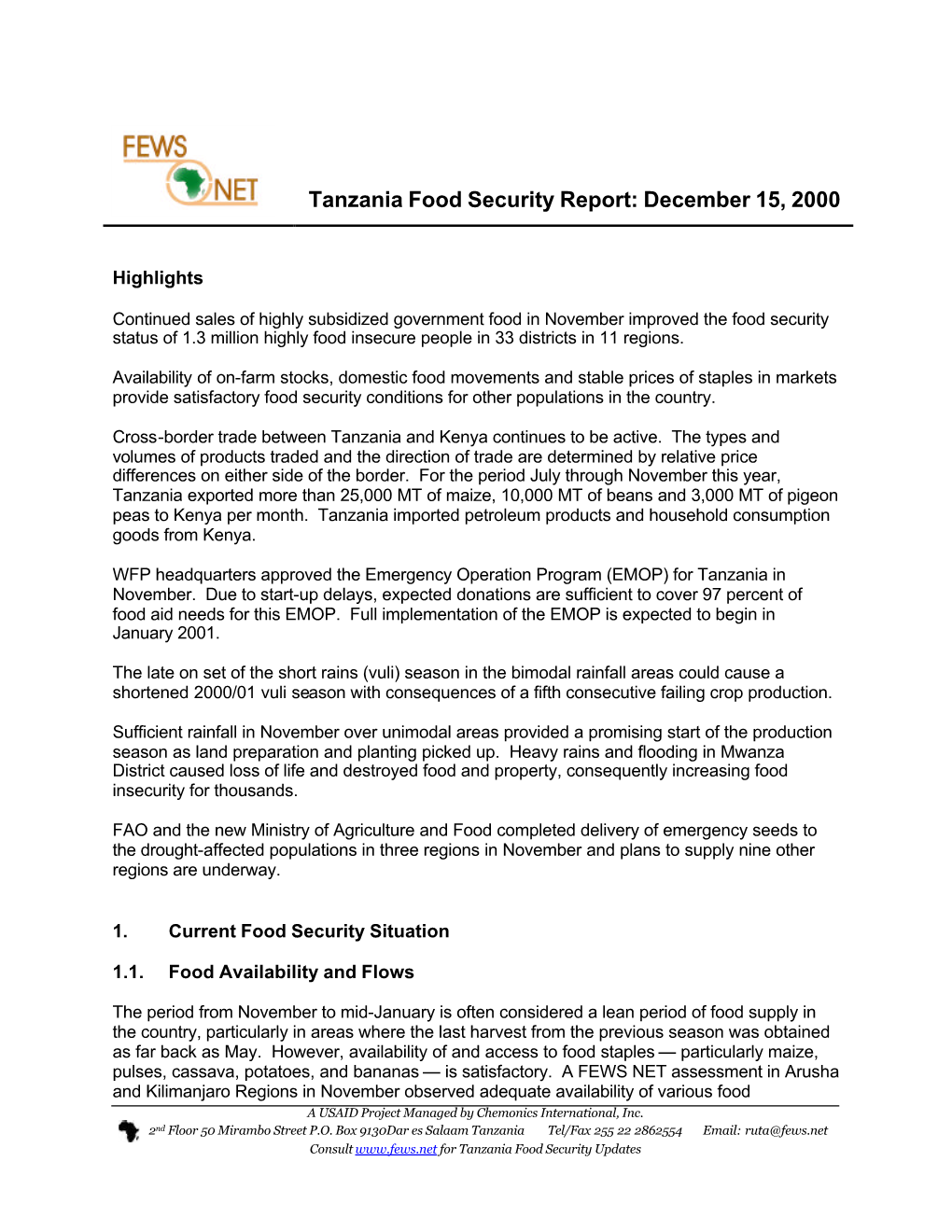 Tanzania Food Security Report: December 15, 2000