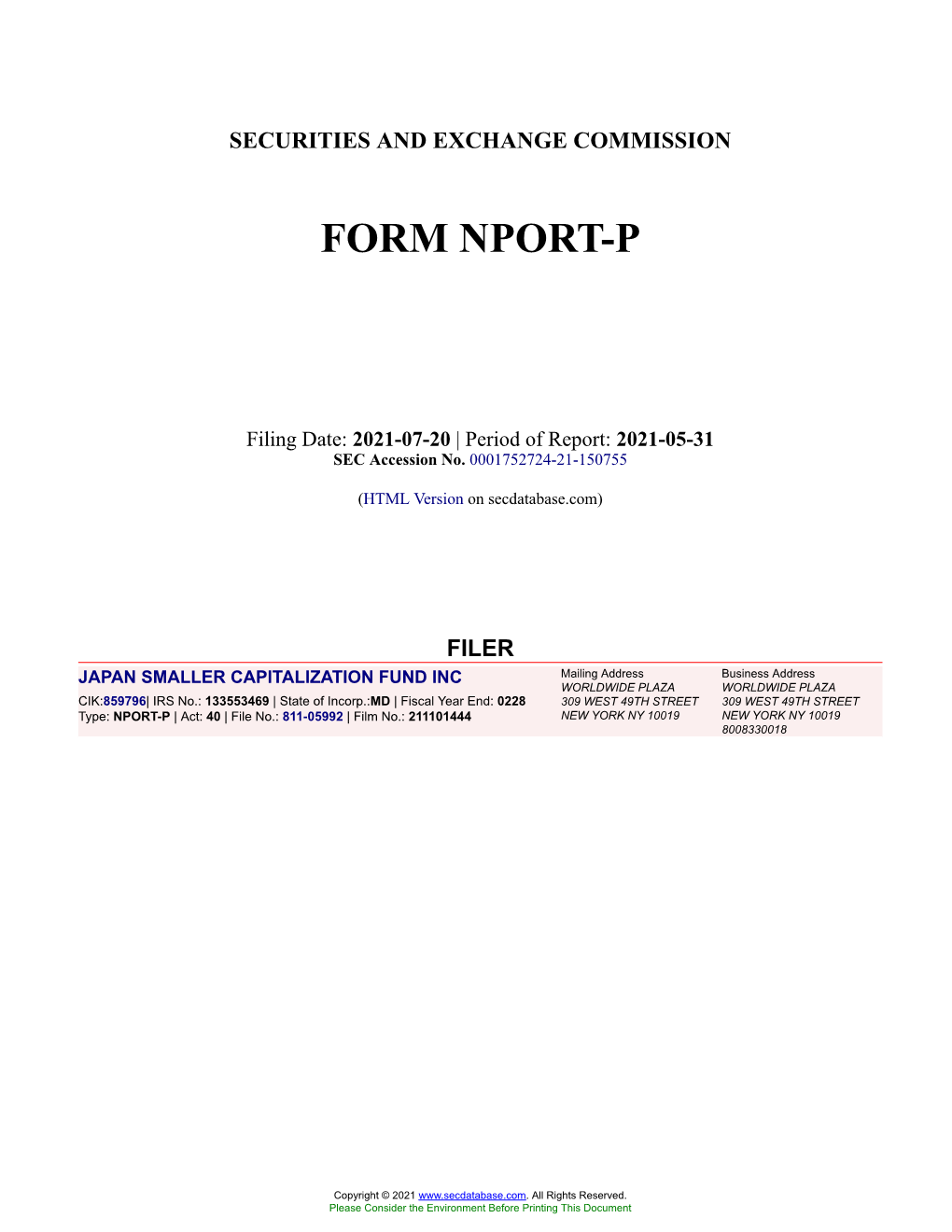 JAPAN SMALLER CAPITALIZATION FUND INC Form NPORT-P Filed