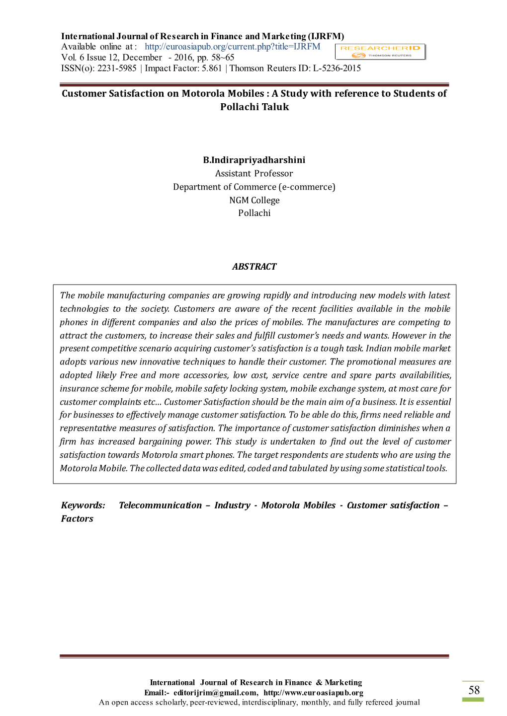 Customer Satisfaction on Motorola Mobiles : a Study with Reference to Students of Pollachi Taluk